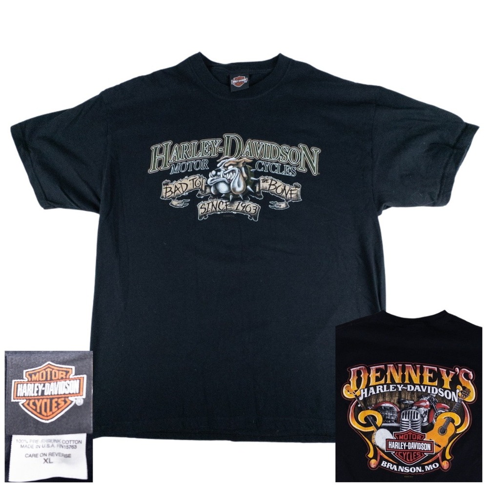 Harley Davidson T Shirt Mens XL Black Bad Bone Bulldog Branson Vintage Y2K Tee‎